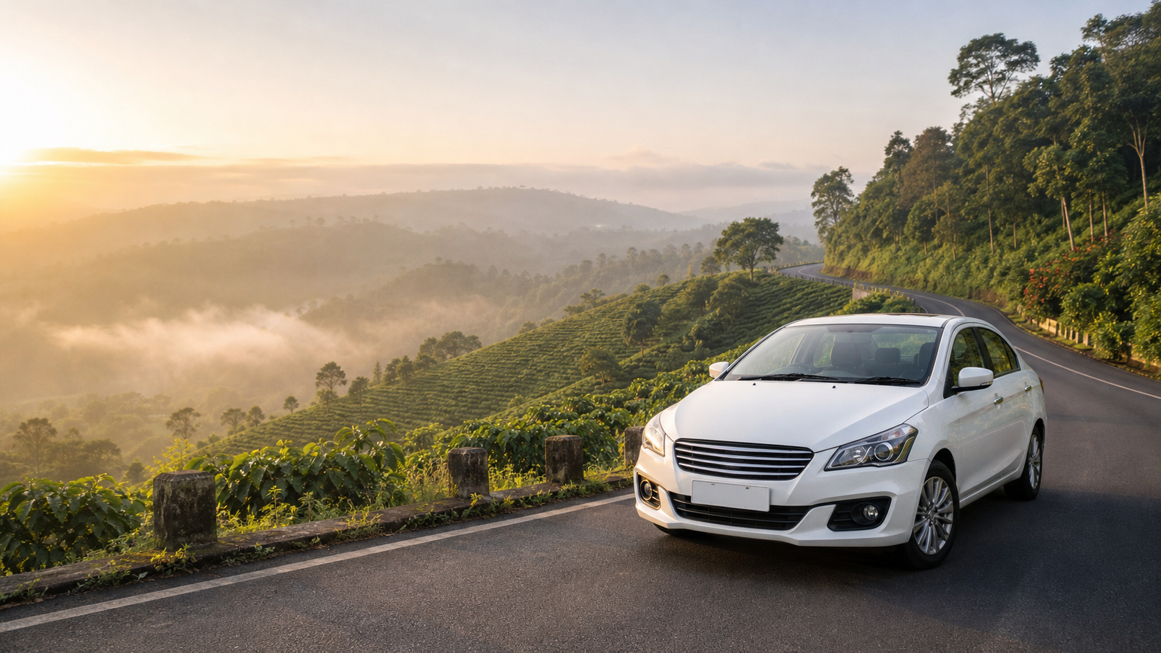 Taxi on a scenic Coorg road for Coorgs Cab tours
